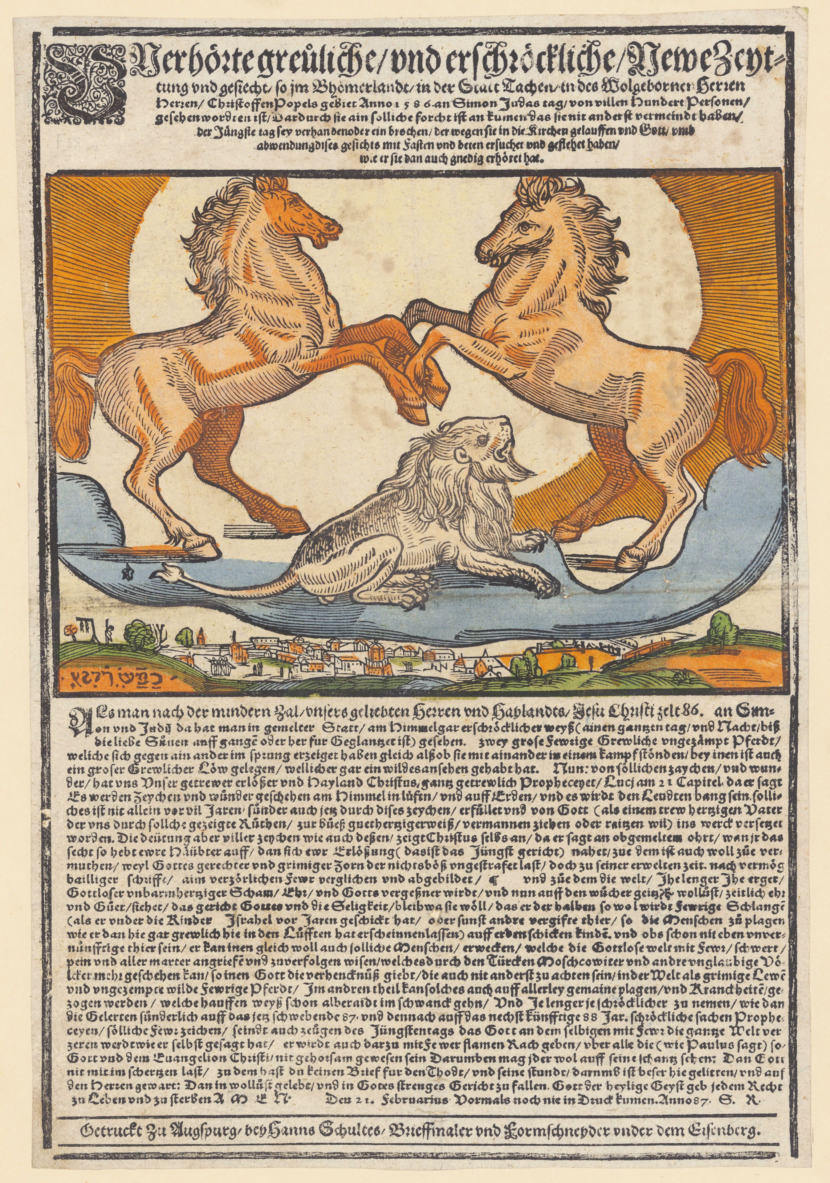 A detailed black and white woodcut print from the 16th century depicting a chaotic battle scene with numerous figures, symbolic elements, and surrounding text in an old German script.