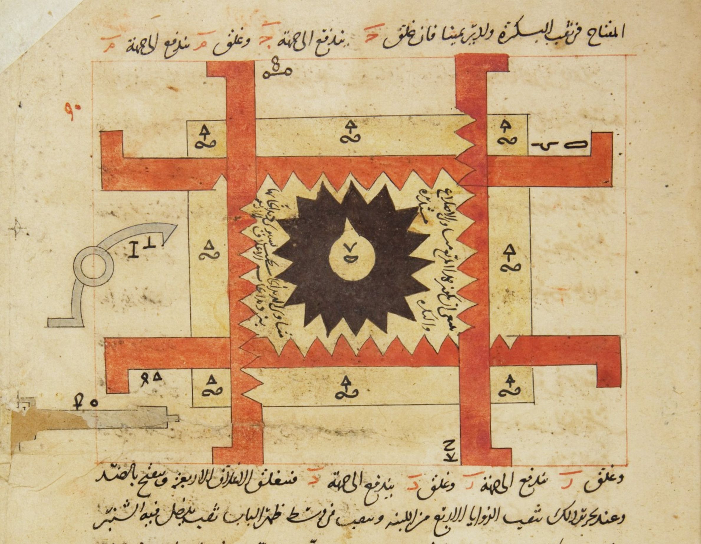 A detailed image of a page from an old manuscript, likely a medieval or early modern text. The page is aged, with a yellowish-brown tone and visible wear and tear. The central focus is a complex diagram, resembling a stylized, symmetrical design.
