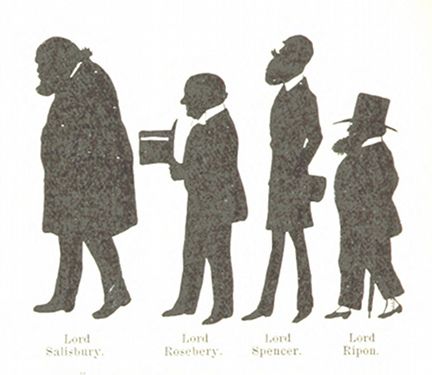 A vintage silhouette illustration of four men, identified as Lord Salisbury, Lord Rosebery, Lord Spencer, and Lord Ripon, each in profile and wearing formal attire.