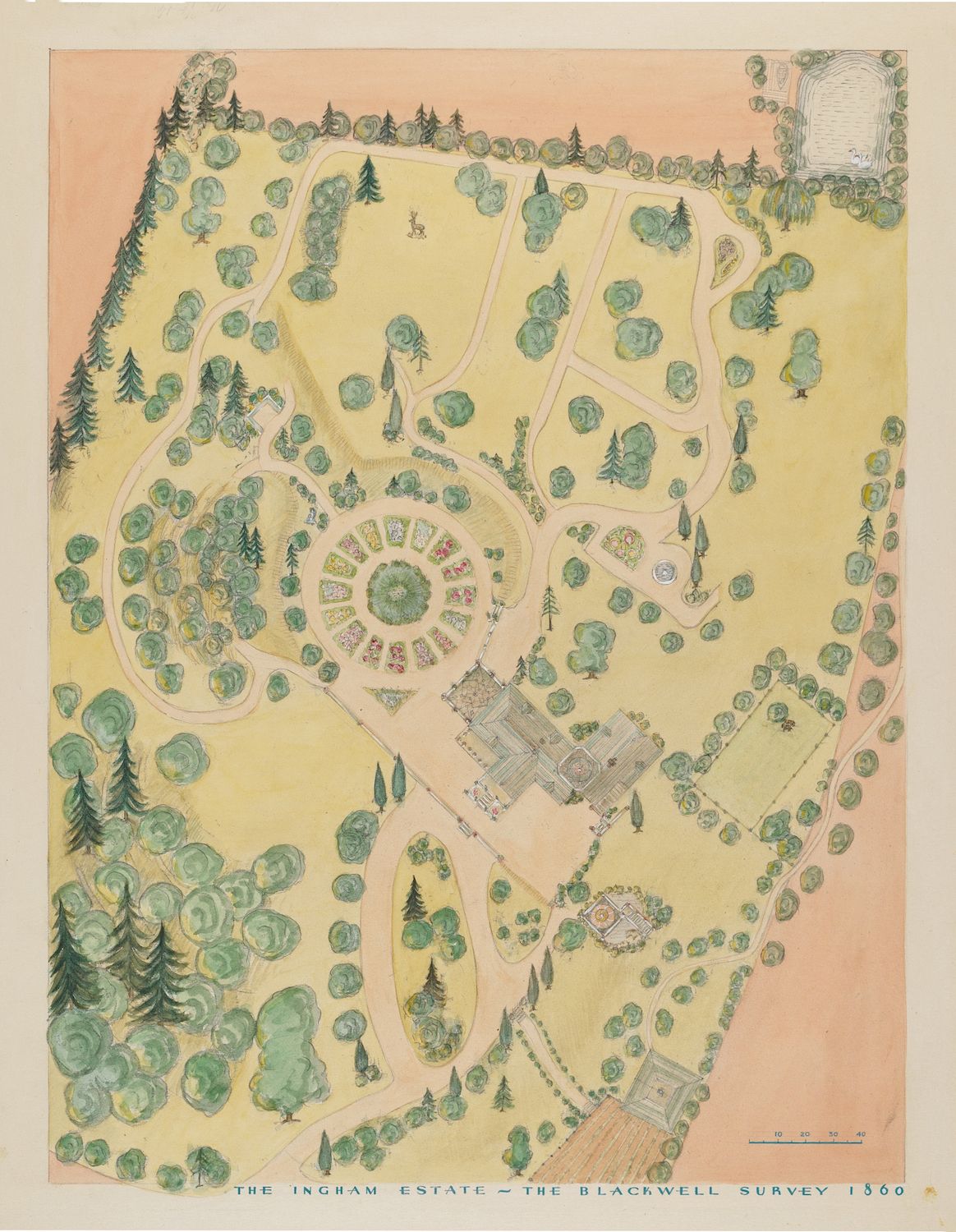 Vintage map of the Ingham Estate from 1860, showing the layout of the grounds, buildings, and gardens.