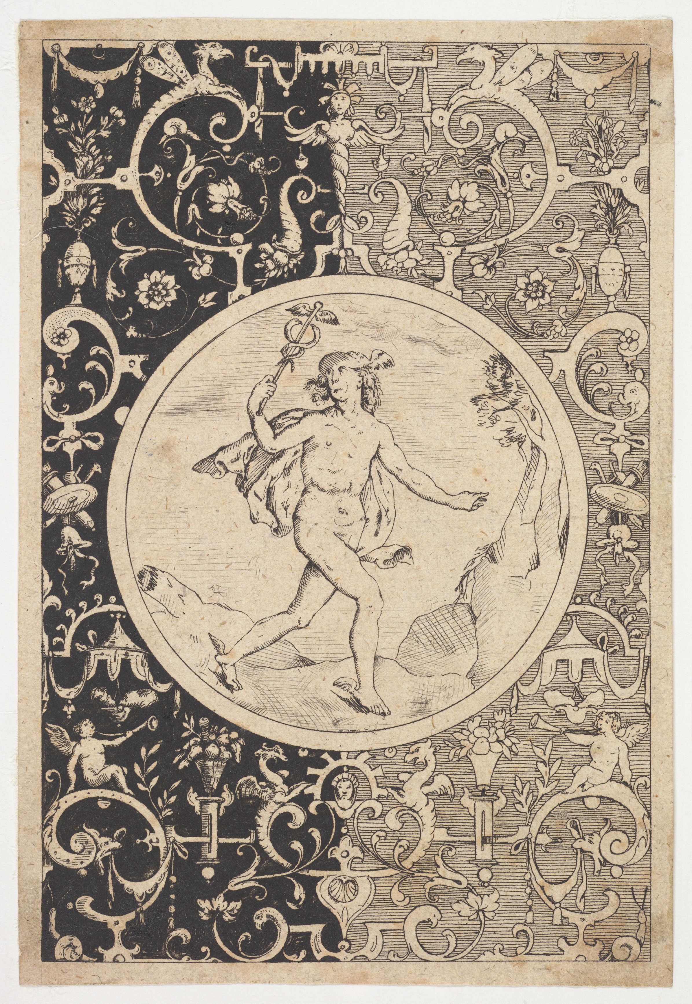 A black and white engraving of a nude male figure within a circular medallion, surrounded by an elaborate ornamental border.