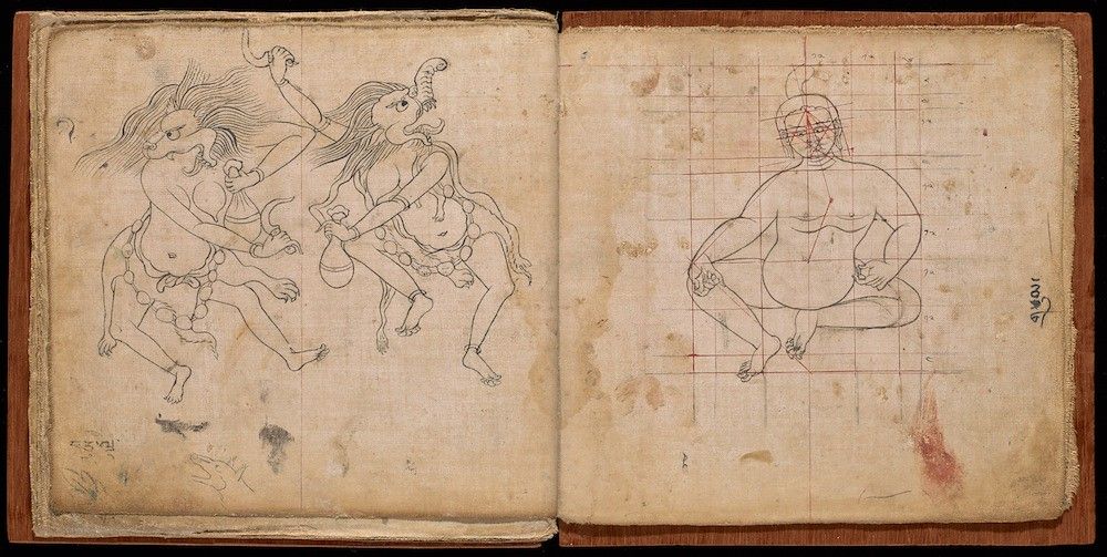Open book with two pages featuring intricate line drawings in black ink. The left page depicts two mythical creatures resembling half-human, half-horse figures in dynamic poses. The right page shows a single male figure in a seated position with a grid overlaying the drawing.