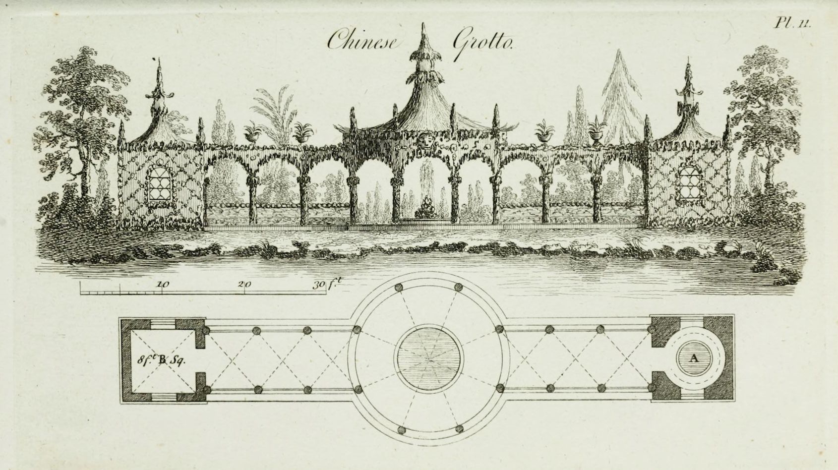 Vintage engraving of a Chinese Grotto with a detailed architectural plan below.