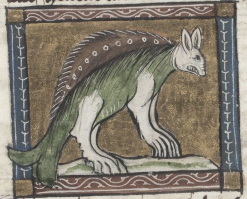 Medieval manuscript illumination of a green and white scaled creature with pointed ears and sharp teeth, set against a gold background and framed by a brown geometric border.