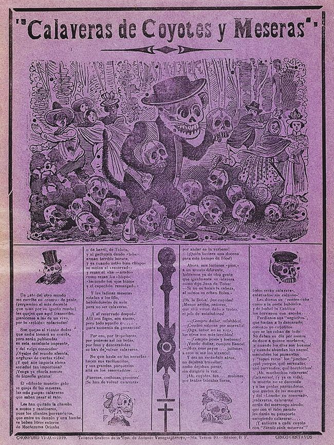 A vintage sepia-toned broadside or calavera print featuring a large skeleton in formal attire surrounded by smaller skull illustrations and dense Spanish text.