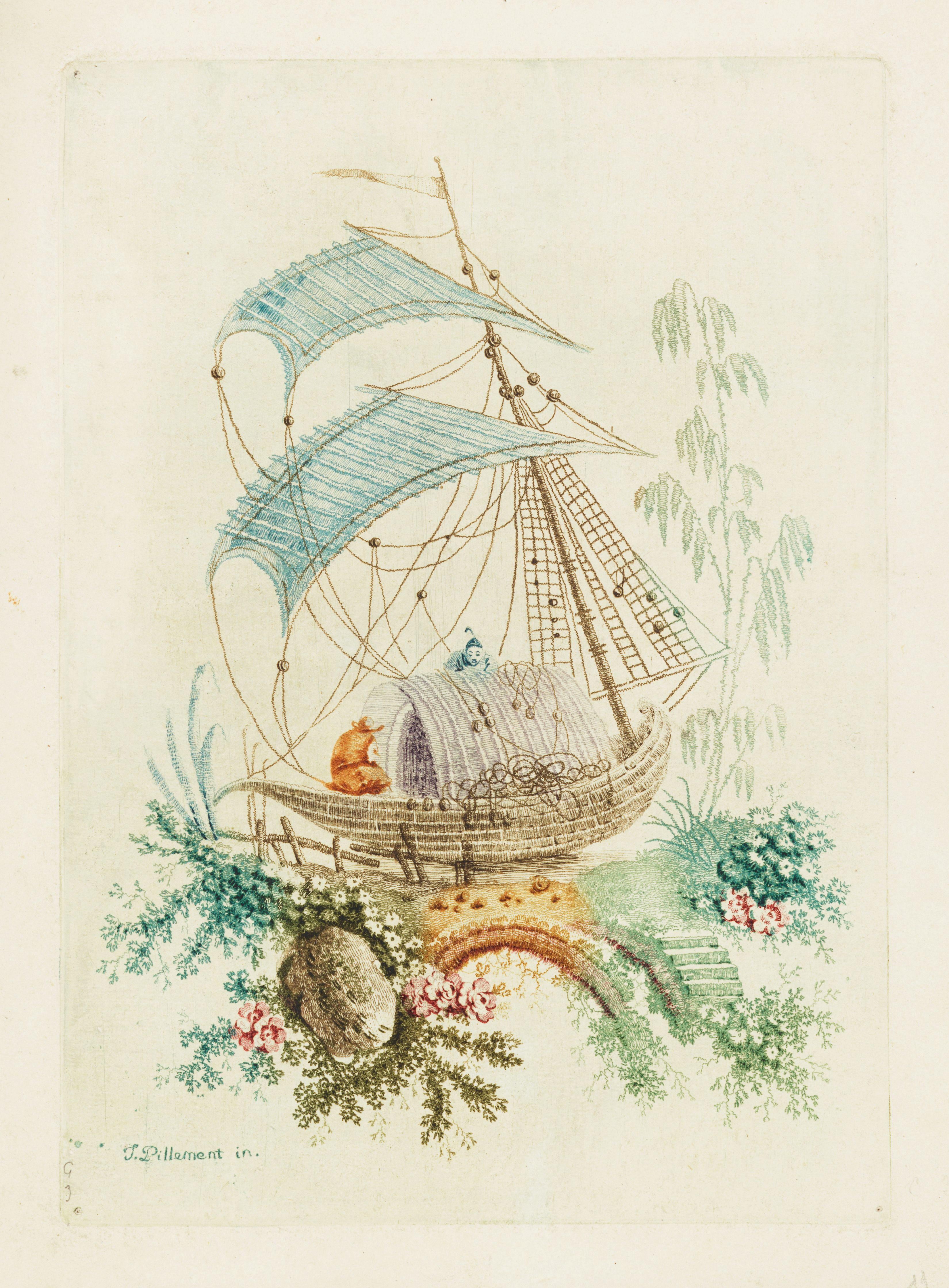 A vintage illustration of a ship with a cat and a dog on deck, surrounded by flowers, trees, and a bridge.
