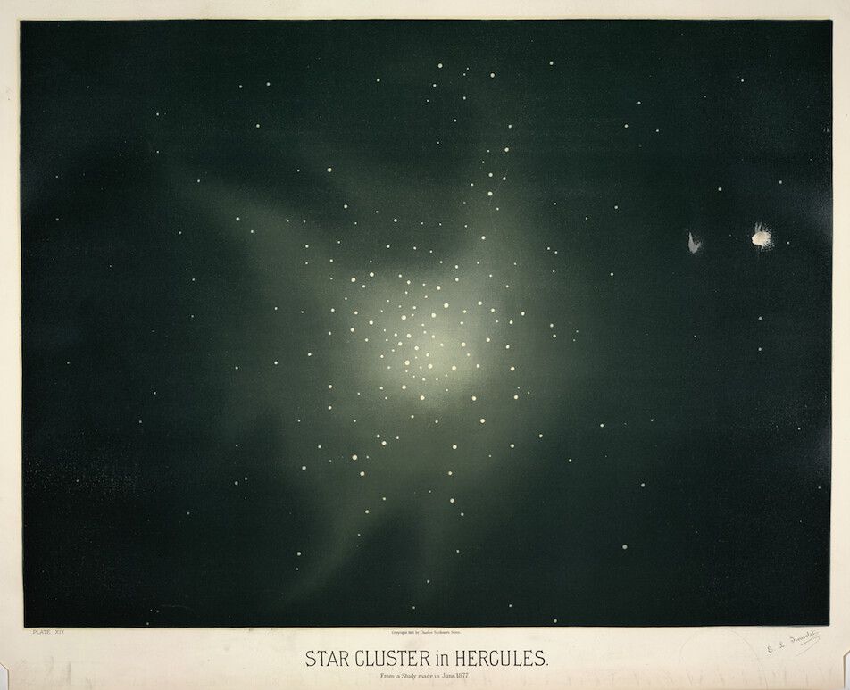 Vintage astronomical illustration of a star cluster in Hercules, made from a sketch in June 1877.