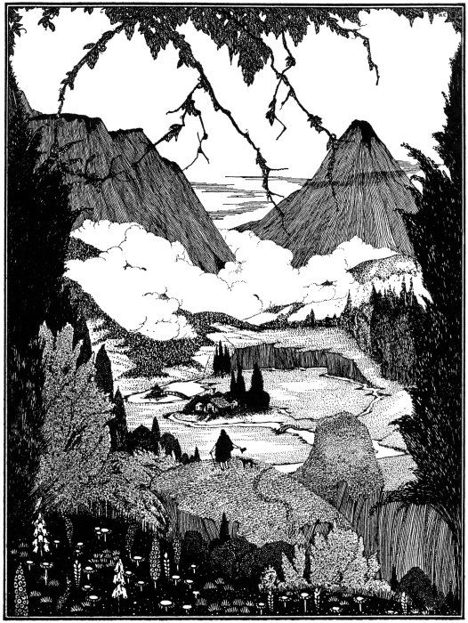Black and white illustration of a mountain landscape with two pointed mountains, a valley filled with trees, and a small cabin.