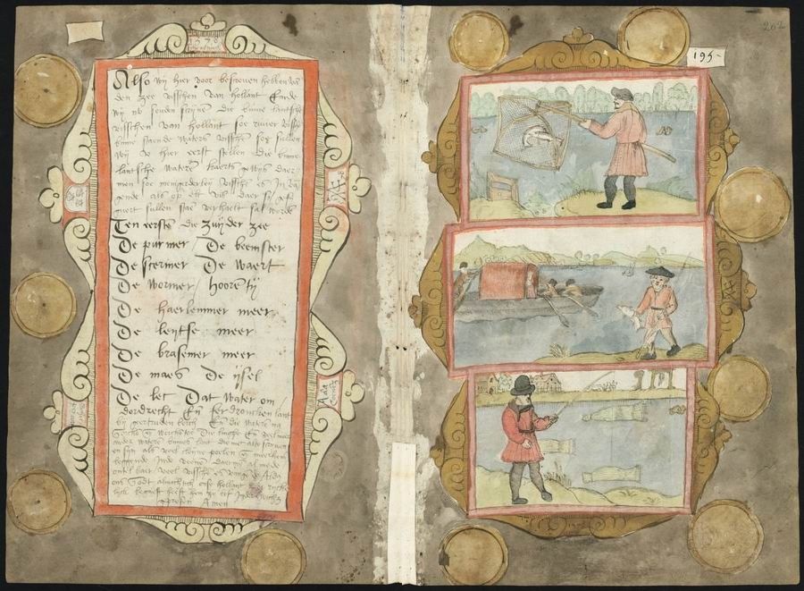 An open page from a historical manuscript or book with handwritten text on the left and three small illustrations on the right, all framed by an ornate border.