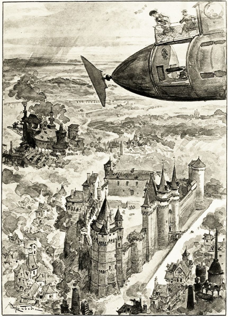 Vintage illustration of a castle city with an airship flying overhead.