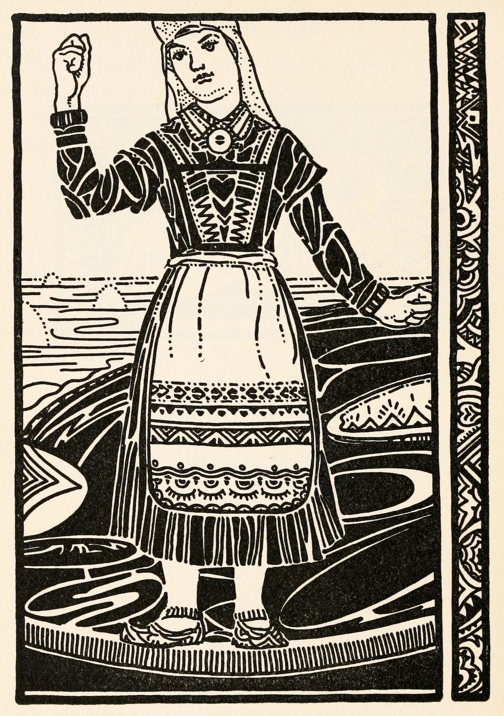 Black and white illustration of a woman in a patterned dress standing near water, in an art nouveau style.