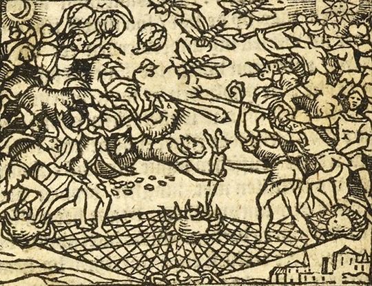A woodcut-style image depicting a chaotic battle or confrontation between a man on horseback and another man with a weapon, surrounded by a large crowd and figures in the sky.
