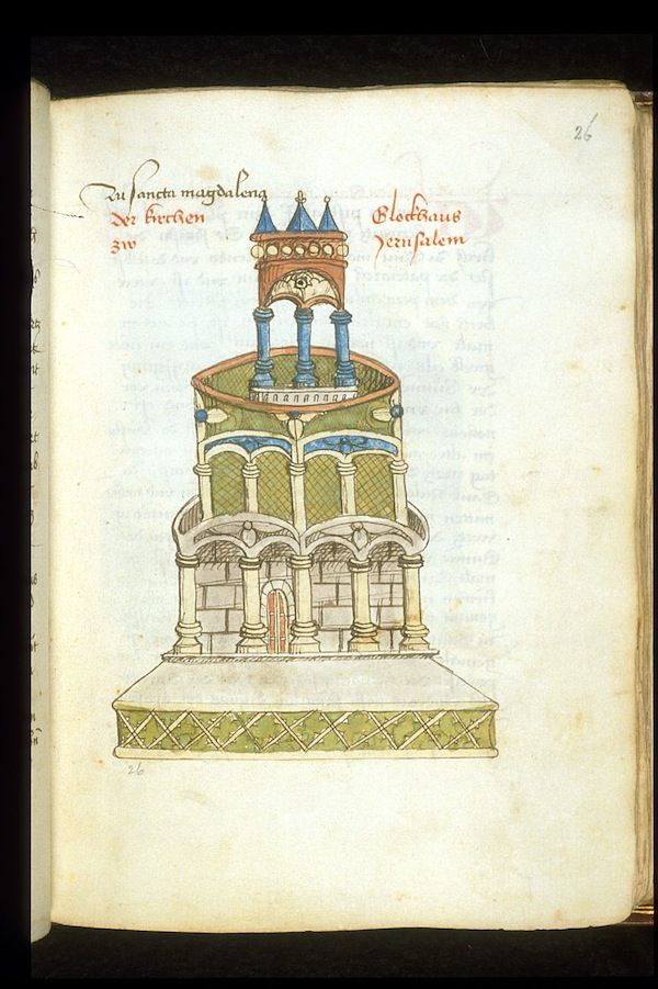 A page from a medieval manuscript with a colorful illustration of a fantastical tower-like building.