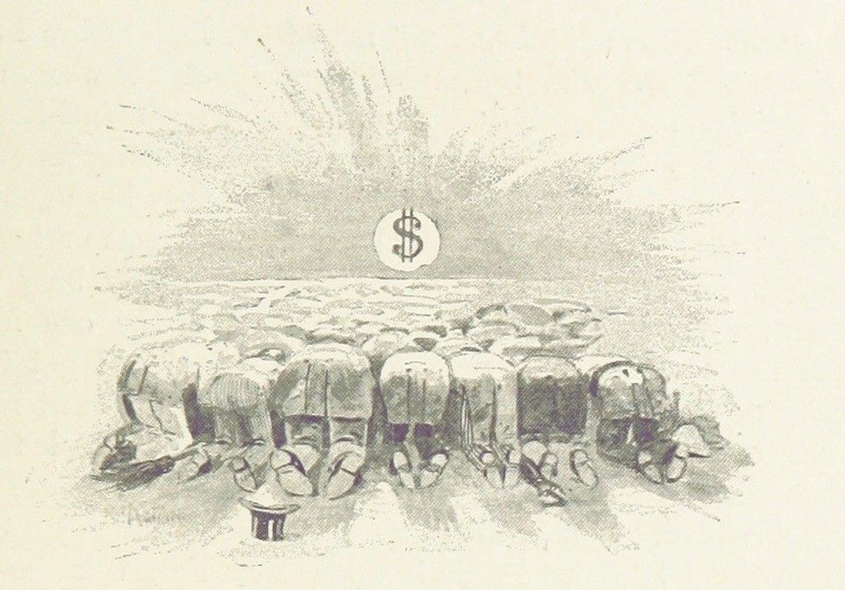 Vintage illustration of a group of people kneeling and worshipping a dollar sign.