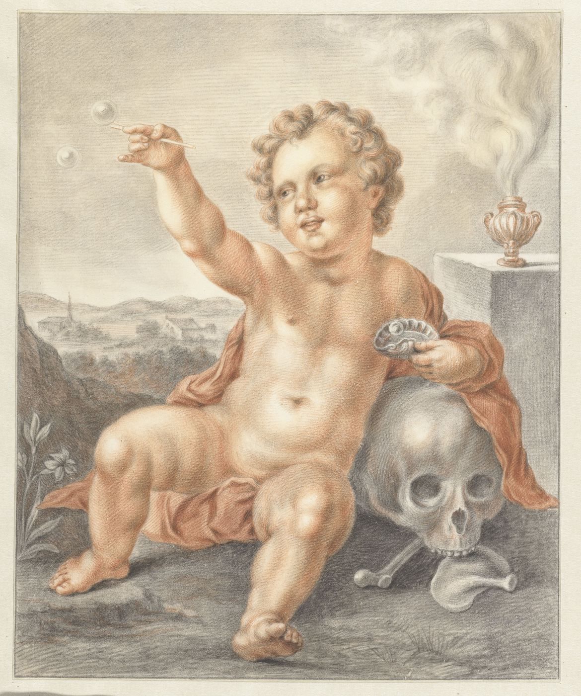 A drawing of a baby blowing bubbles while seated on a mound next to a skull and bones. An urn emits smoke in the background, with a landscape visible in the distance.
