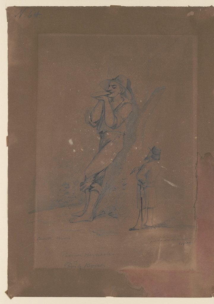 A sepia-toned sketch on aged, brown paper depicting two figures in a dynamic pose.