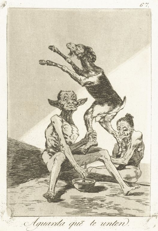 A black and white etching depicting two emaciated men anointing the feet of a goat.
