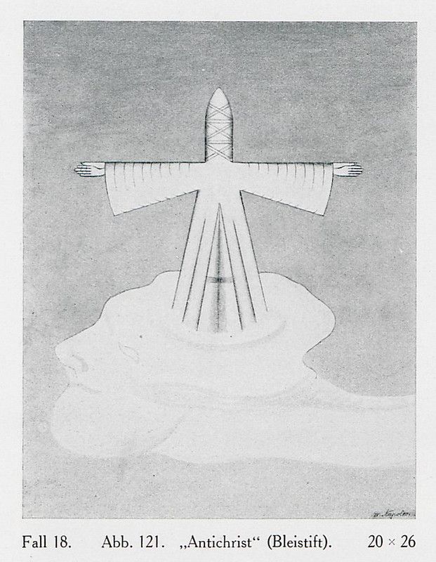 Black and white drawing of a cross-like figure labeled "Antichrist" with radiating lines and hand depictions.