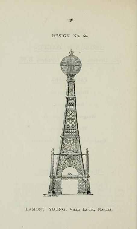 A vintage black and white illustration of a highly ornate tower design labeled 'DESIGN No. 64' and 'LAMONT YOUNG, VILLA LUCIA, NAPLES.'