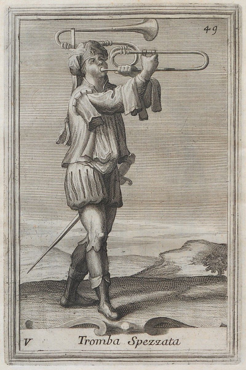 Vintage engraving of a man playing a 'Tromba Spezzata' in a landscape.
