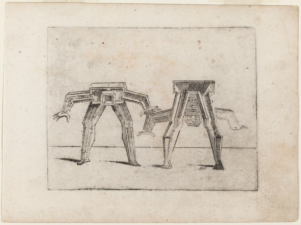 A black and white etching of a mechanical structure resembling legs.