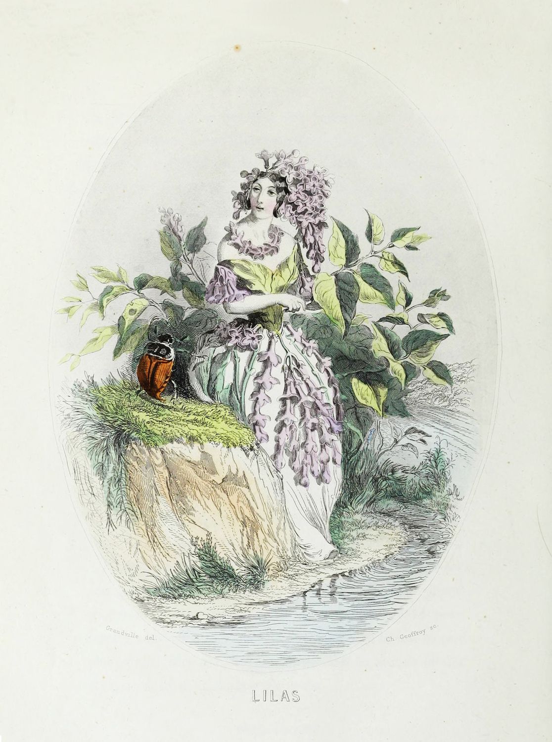 Vintage lithograph of a woman emerging from a mound of foliage, representing the flower 'Lilac'. She is dressed in a flowing gown and adorned with a headpiece made of lilac flowers and leaves. A large, red beetle is featured on the left side of the hill.
