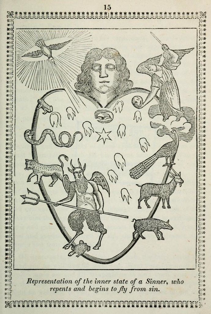 A black and white illustration depicting a human face surrounded by animals and a demonic figure, with the caption "Representation of the inner state of a Sinner, who repents and begins to fly from sin."