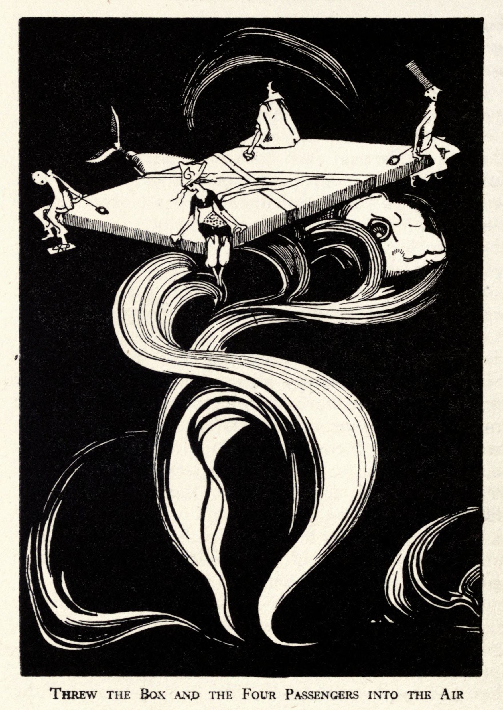 A black and white illustration of a box-shaped airplane with four stick-figure passengers being propelled through the air above a swirling cloud formation shaped like a human face.