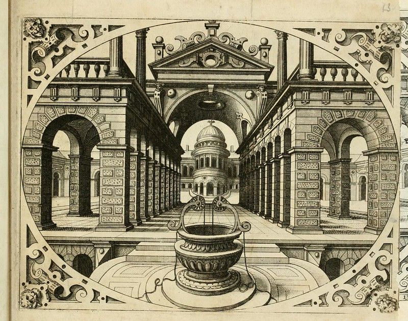 A detailed black and white engraving of a classical courtyard with a fountain, columns, arches, and a building with a dome.