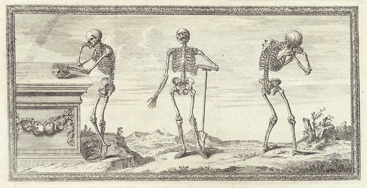 Engraving of three skeletons in a landscape with a tomb.