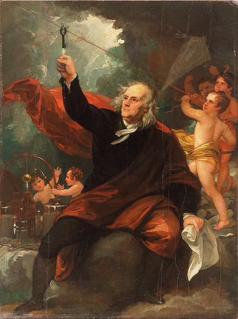 A painting of Benjamin Franklin conducting his kite experiment, with cherubs and electrical sparks surrounding him.