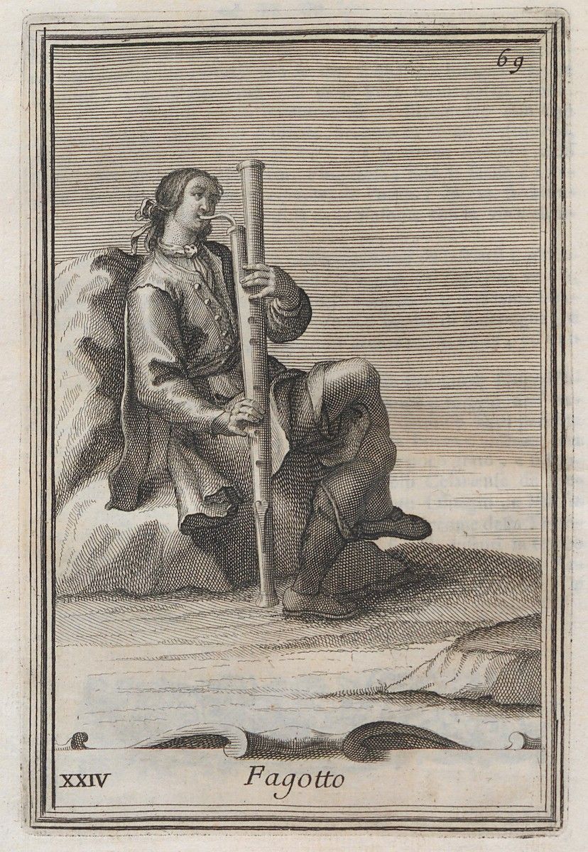 An engraving of a man seated on a rock, playing a fagotto (bassoon).