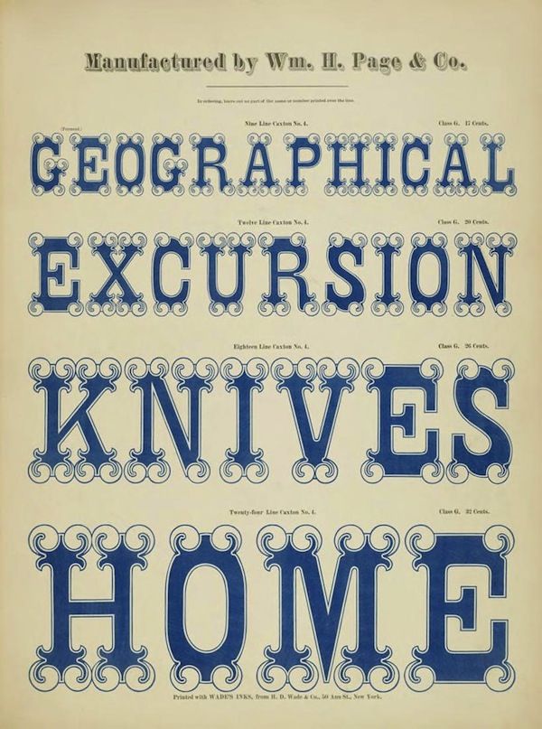 A vintage advertisement for Geographical Excursion Knives, featuring large, ornate blue lettering on a cream-colored paper. The words are stacked vertically and surrounded by intricate swirling designs. The card is manufactured by Wm. H. Page & Co. and printed with Wade's Inks in New York.