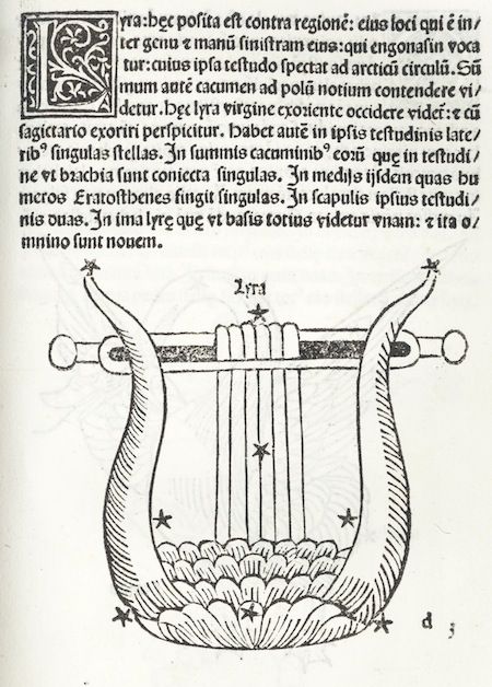 A woodcut illustration of a lyre with stars, surrounded by ornate text.