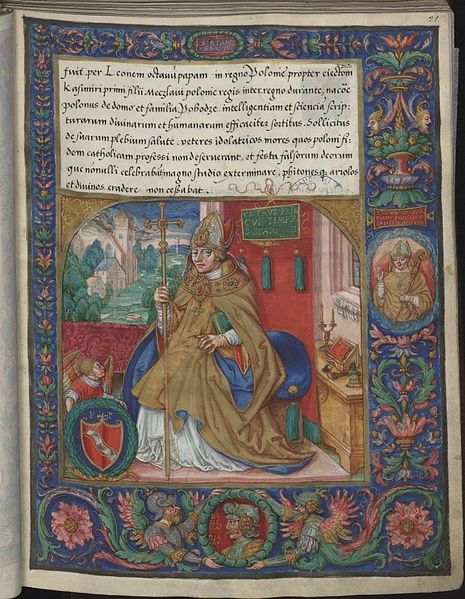 Illuminated manuscript page with a full-length figure of a bishop or pope in elaborate religious attire, framed by a highly decorated border featuring intricate floral patterns and gothic architecture.