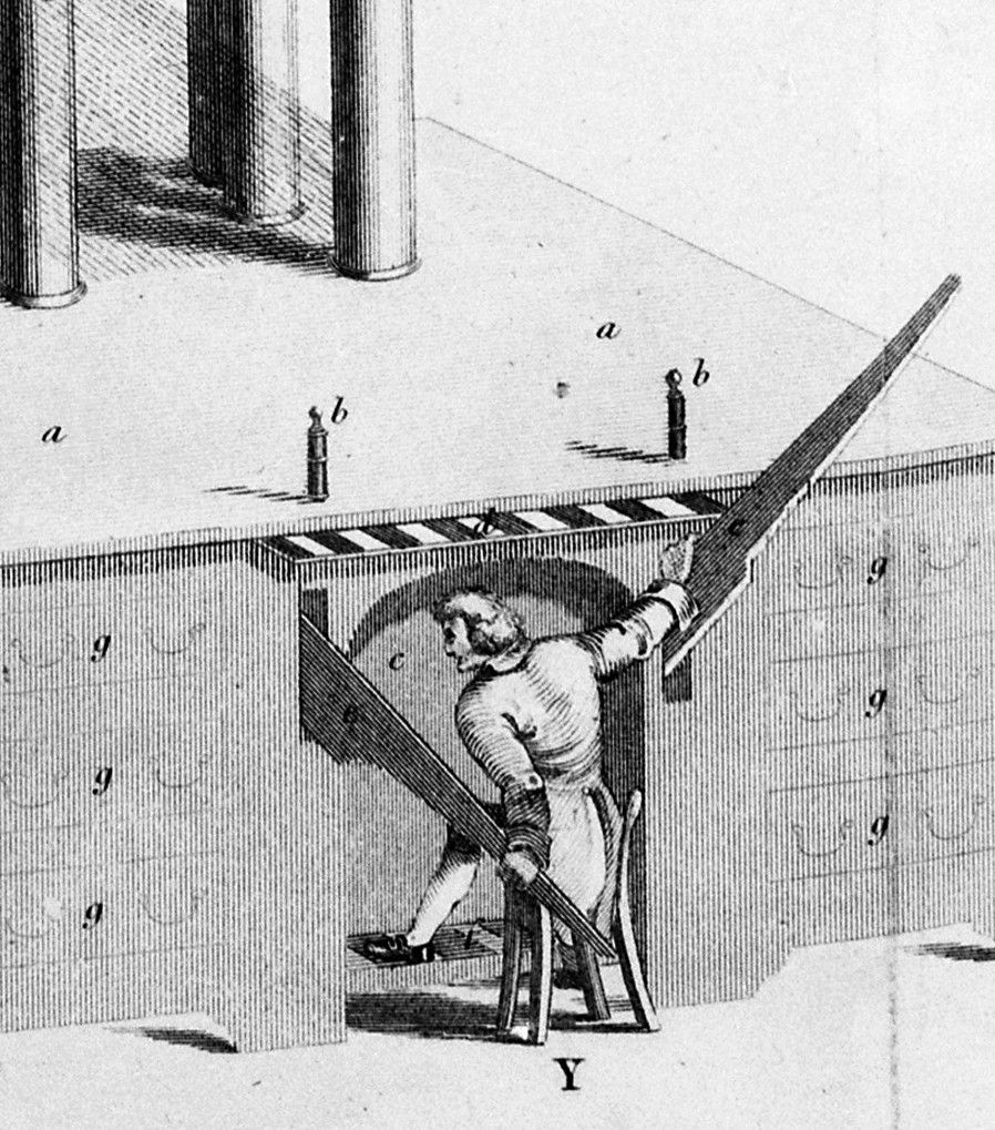 Vintage black and white engraving of a man operating a mechanical device within a brick structure.