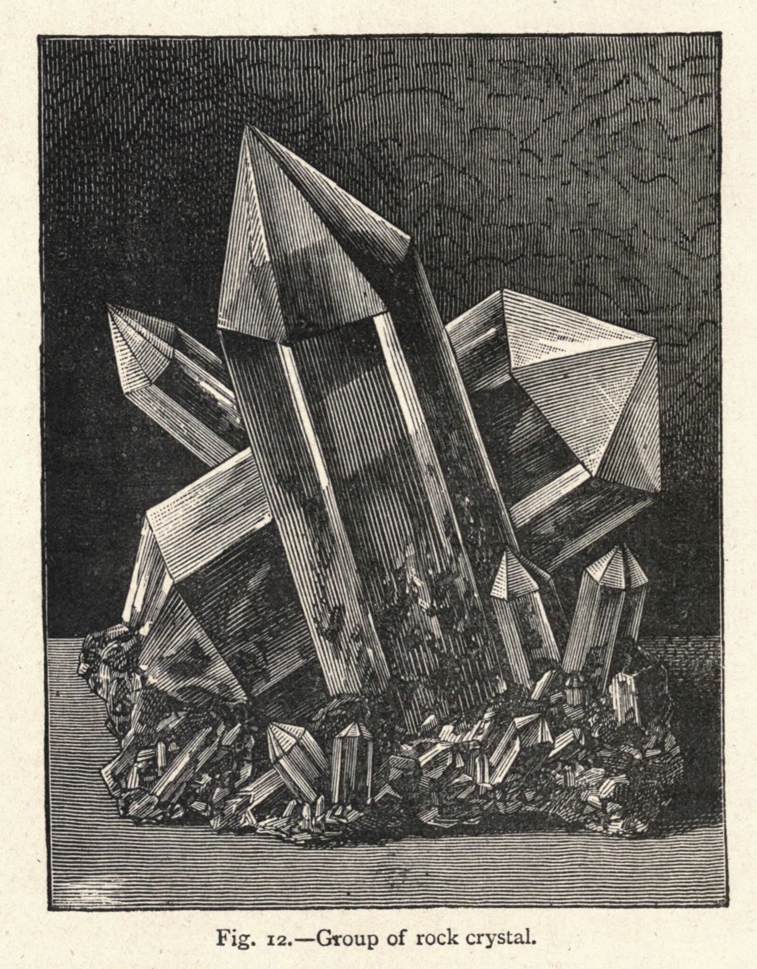 A vintage illustration of a group of rock crystals, depicted with detailed shading and texture.