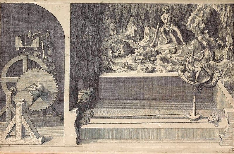 A detailed black and white engraving depicting a complex mechanical device within a dramatic, theatrical setting.