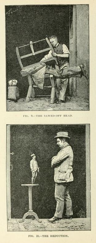 Two vintage illustrations depicting a man sawing a body in half and another man looking at a miniature figure of himself.