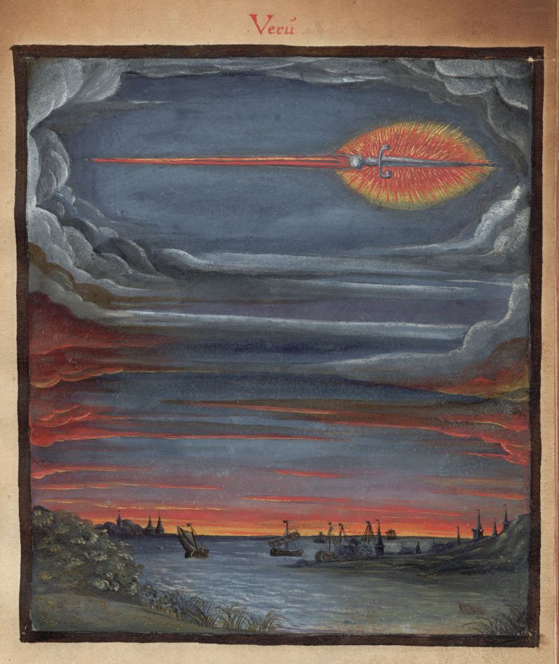 A painting of a seascape with a fiery sky and several ships sailing on a dark body of water. The word 'Veru' is written in red script at the top of the image.