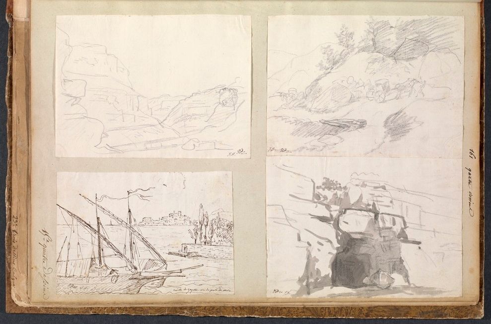 A page from a sketchbook with four pencil sketches: a landscape, birds in flight, a sailboat, and a gnarled tree with people.