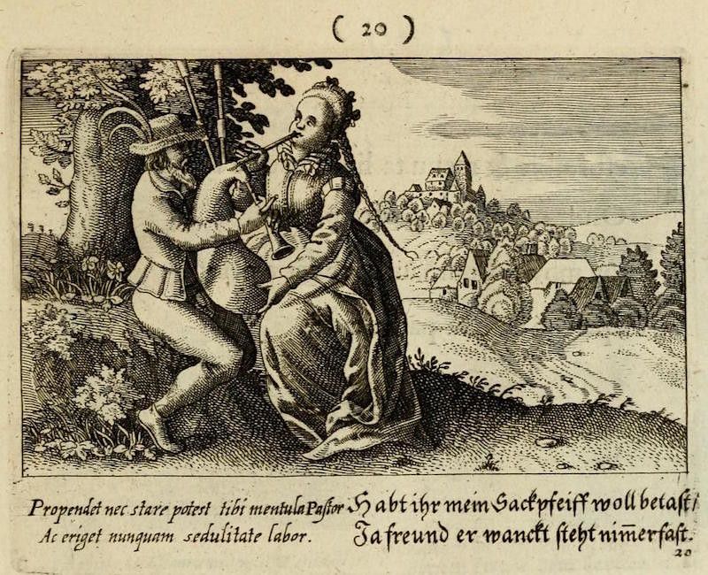 A black and white engraving depicting a man and a woman seated on a grassy hill, with a town in the background. The woman is playing a musical instrument.