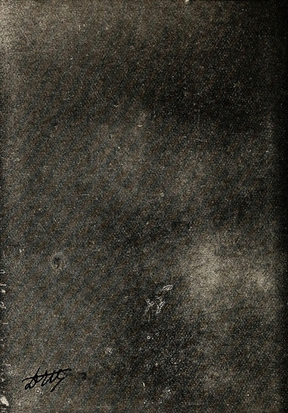 A grainy black and white photograph with a dark, textured background and a faint, lighter shape in the center. A signature is visible in the lower left corner.