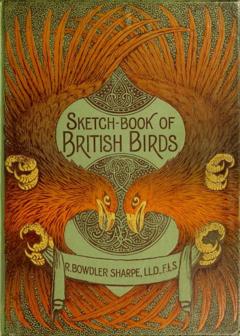 Vintage book cover titled "Sketch-Book of British Birds" featuring two bird heads within a shield-shaped design.