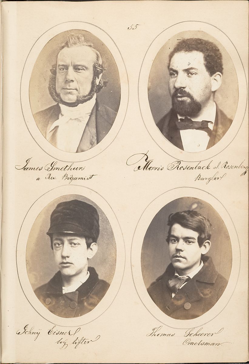 Four oval portraits of men with handwritten names and descriptions beneath each one, arranged on a cream-colored paper. The portraits appear to be mugshots or part of a police rogue's gallery.
