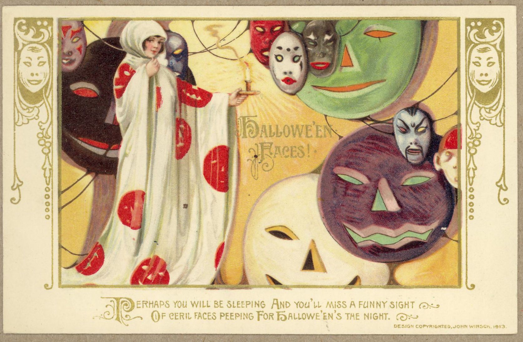 A vintage Halloween postcard from 1913, designed by John Winsch, featuring a ghostly woman, masks, and a jack-o'-lantern.