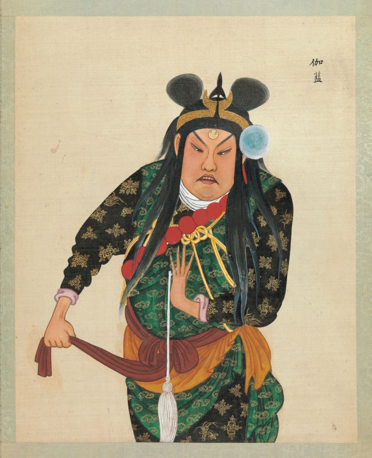 A full-body portrait of a man in traditional Japanese attire, with a stern expression and elaborate clothing. He is holding a sword and wearing an ornate hat.