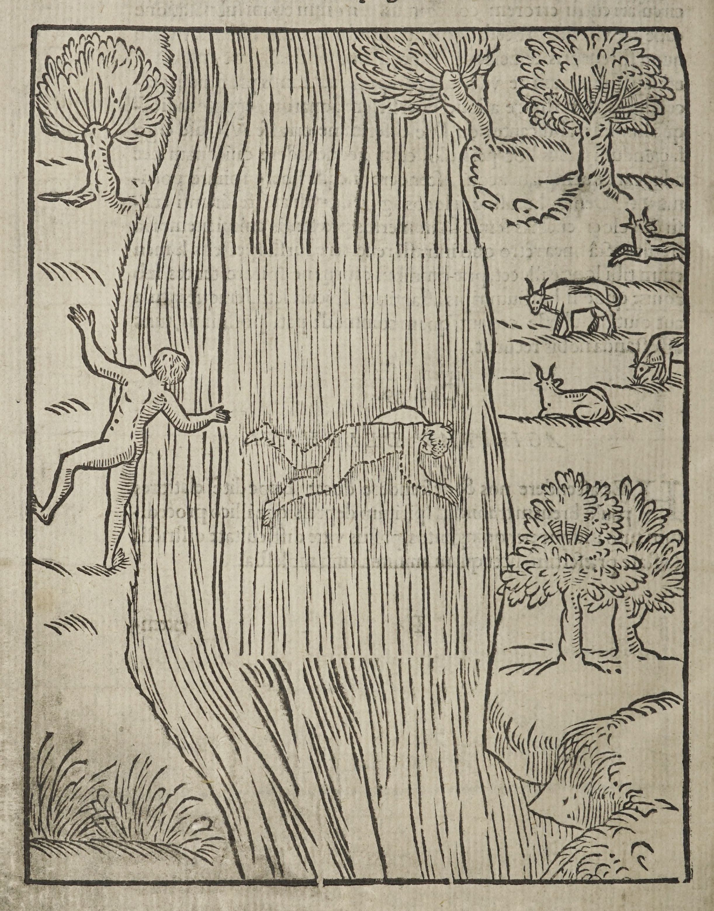 A black and white woodcut illustration depicting a tree with human and animal figures around it. A human is climbing the tree, another is leaping from it, and animals are gathered nearby.
