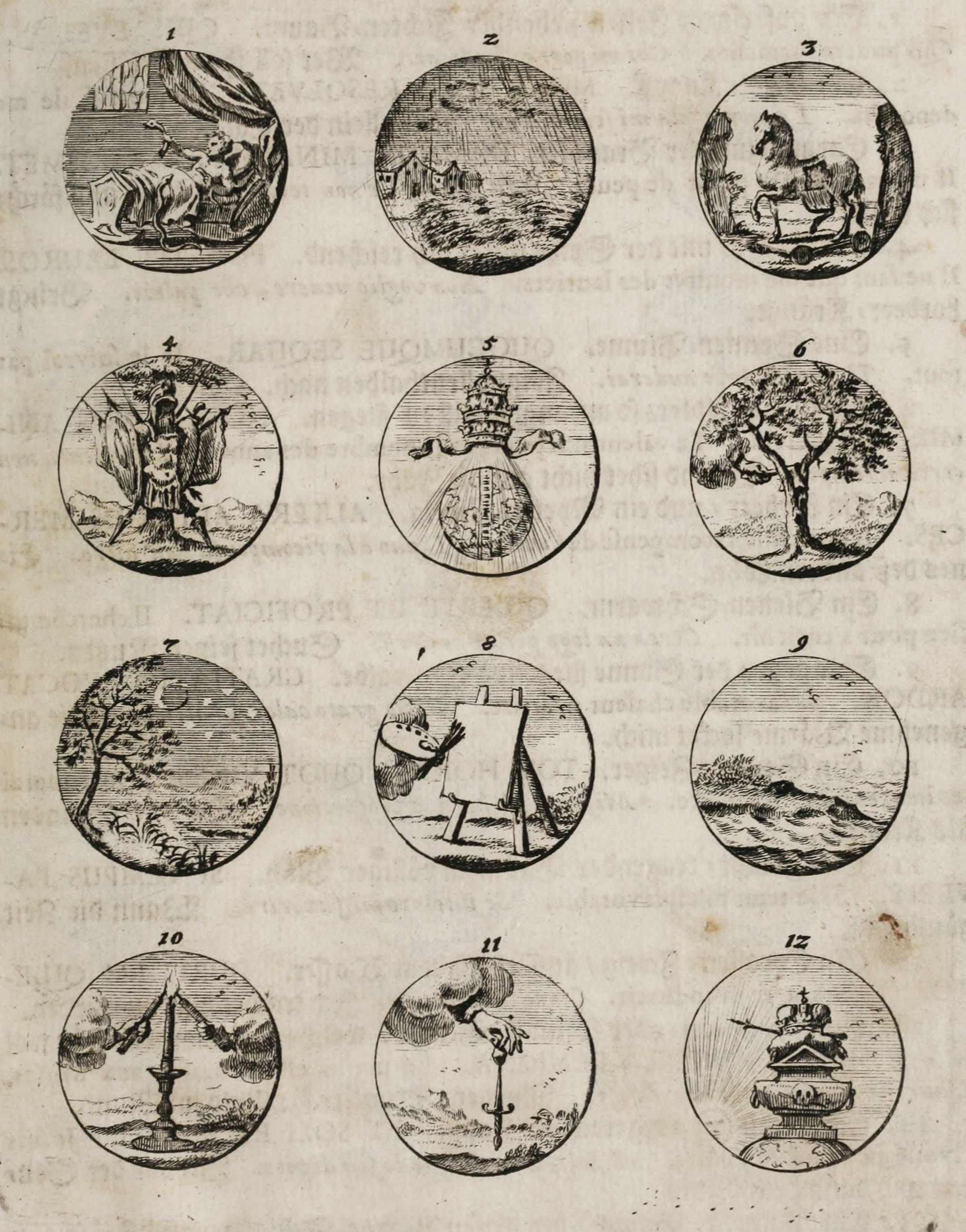 A vintage black and white illustration featuring twelve circular designs arranged in a grid pattern.