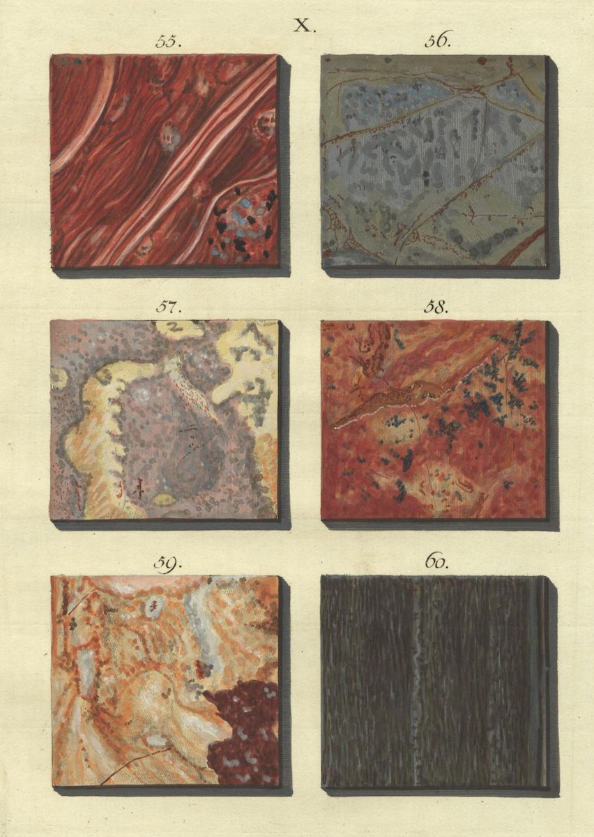 A vintage illustration showcasing six square samples of different stone or marble patterns, labeled 55-60.